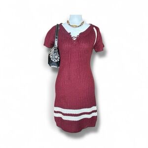 Made by Me Burgundy Cream Striped Knit Dress S Women's Sweater Dress Fall Casual